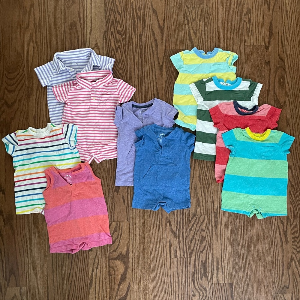 Lot of 10 shortie rompers from Primary, 3-6M